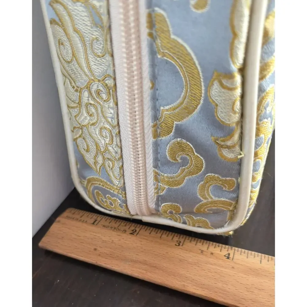4 Piece Chinoiserie Zip Travel Cosmetic Tote Bag Set Blue Gold Satin